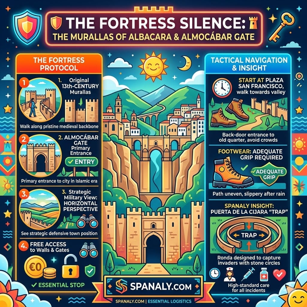 A colorful infographic titled 'THE FORTRESS SILENCE' showcasing Ronda's Murallas de Albacara and Almocábar Gate, highlighting the 13th-century military backbone, strategic horizontal perspectives, free access logistics, and tactical navigation starting from Plaza San Francisco.