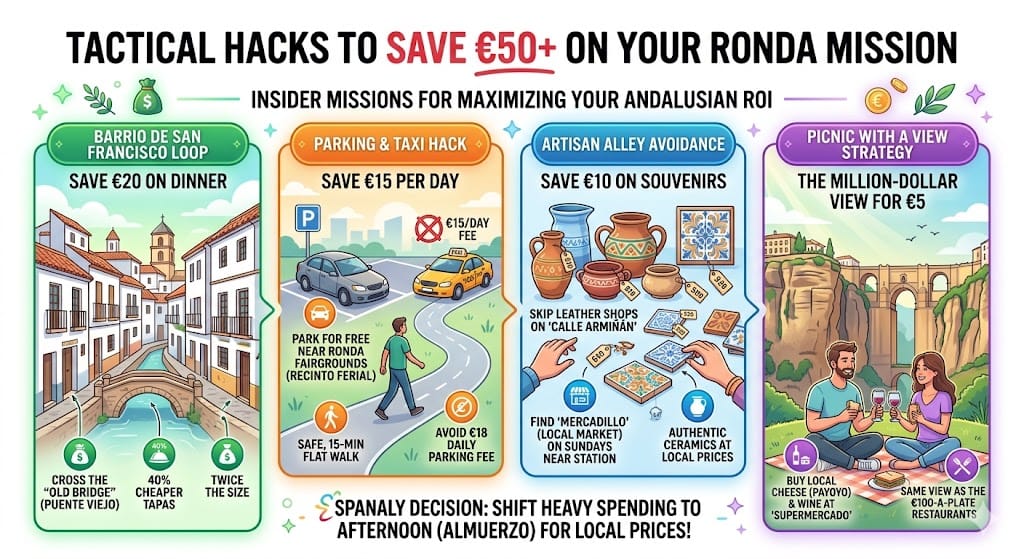 Infographic showing 4 tactical hacks to save money in Ronda including free parking at Recinto Ferial and cheap tapas in Barrio de San Francisco.