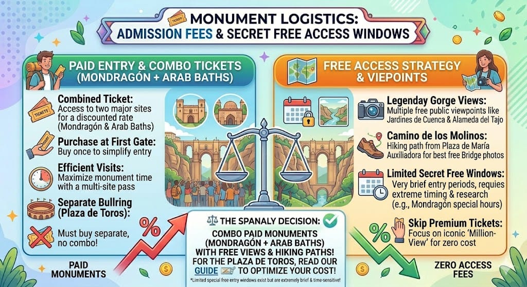 Infographic showing Ronda monument fees and free access strategies including combined tickets for Arab Baths and secret viewpoints like Camino de los Molinos.