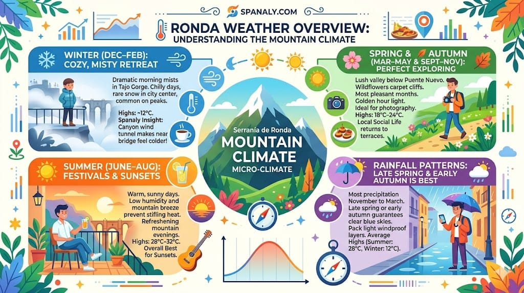 Colorful infographic illustrating Ronda's mountain micro-climate with seasonal weather data, rainfall patterns, and temperature highlights for travelers.