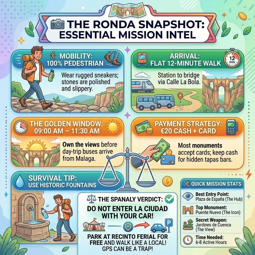 One Day in Ronda itinerary infographic showing essential travel tips for mobility, arrival logistics, and the best time to visit the Puente Nuevo bridge.