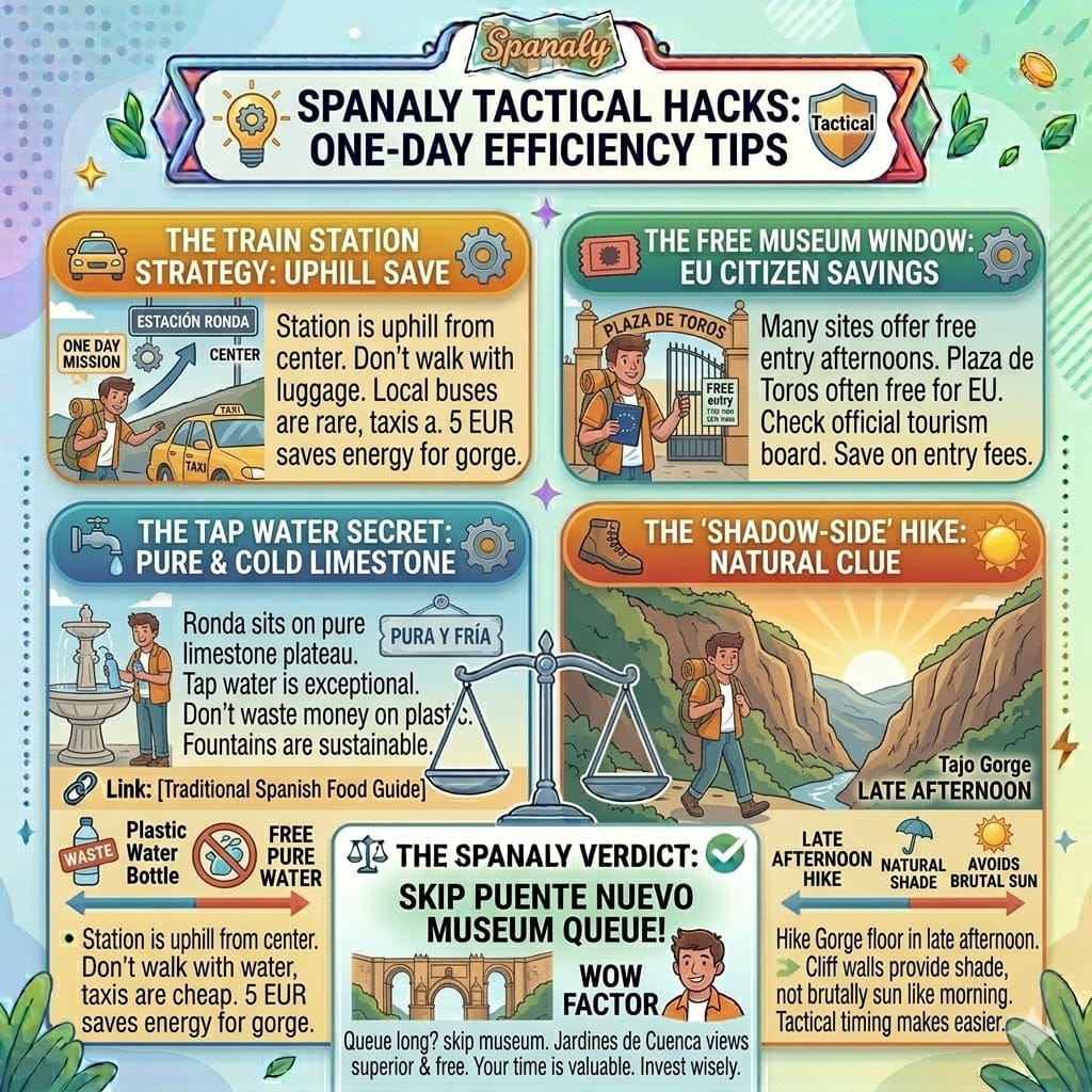 Tactical travel infographic for Ronda efficiency featuring train station transport tips, free tap water locations, and avoiding museum queues at Puente Nuevo.