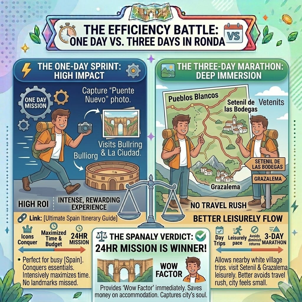 Tactical efficiency infographic comparing a one-day high-impact sprint to a three-day deep immersion in Ronda, including nearby white village day trips.