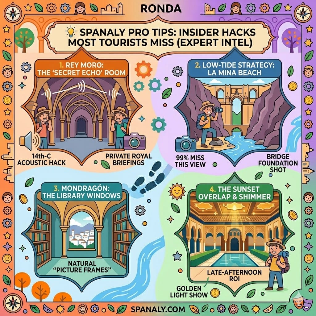 Tactical infographic showing expert travel hacks for Ronda's secret gardens, including the acoustic secret room at Rey Moro and hidden library views at Palacio de Mondragón.