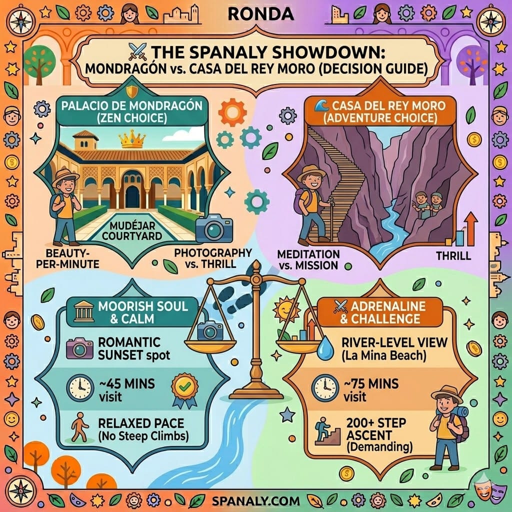 Tactical comparison infographic of Palacio de Mondragón versus Casa del Rey Moro in Ronda, highlighting visit duration, physical difficulty, and the best choice for photography or adventure.