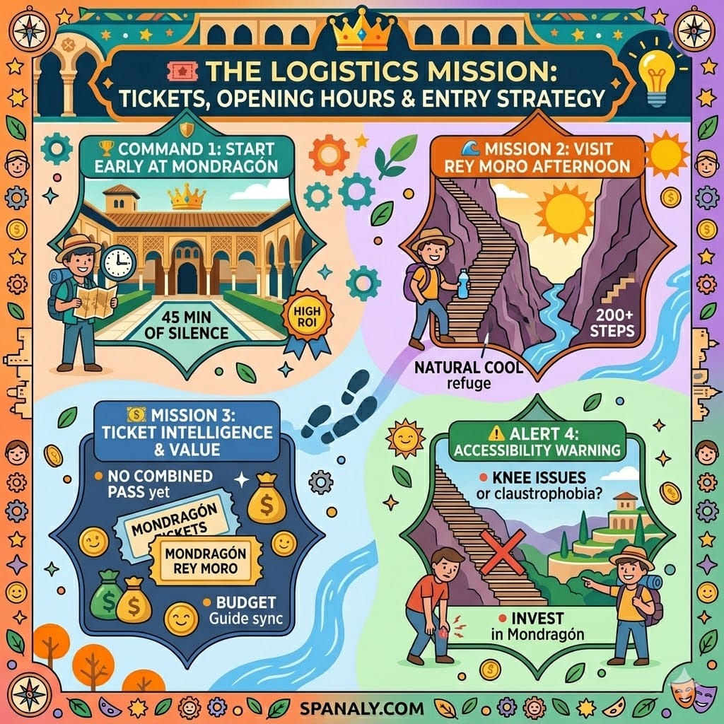 Tactical logistics infographic for Ronda's secret gardens covering opening hours, ticket intelligence for Mondragón and Rey Moro, and accessibility warnings for the water mine.
