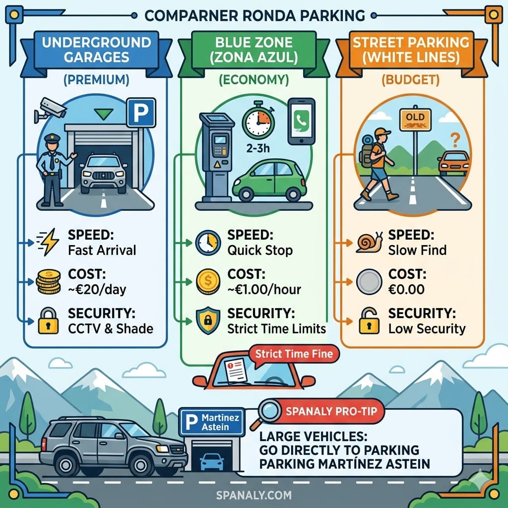 A colorful infographic matrix comparing underground garages, blue zones, and free street parking in Ronda based on speed, cost, and security.