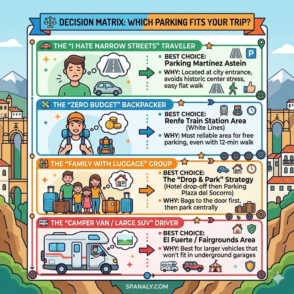 A colorful infographic decision matrix for Ronda parking showing best choices for budget backpackers, families with luggage, large SUVs, and drivers avoiding narrow streets.