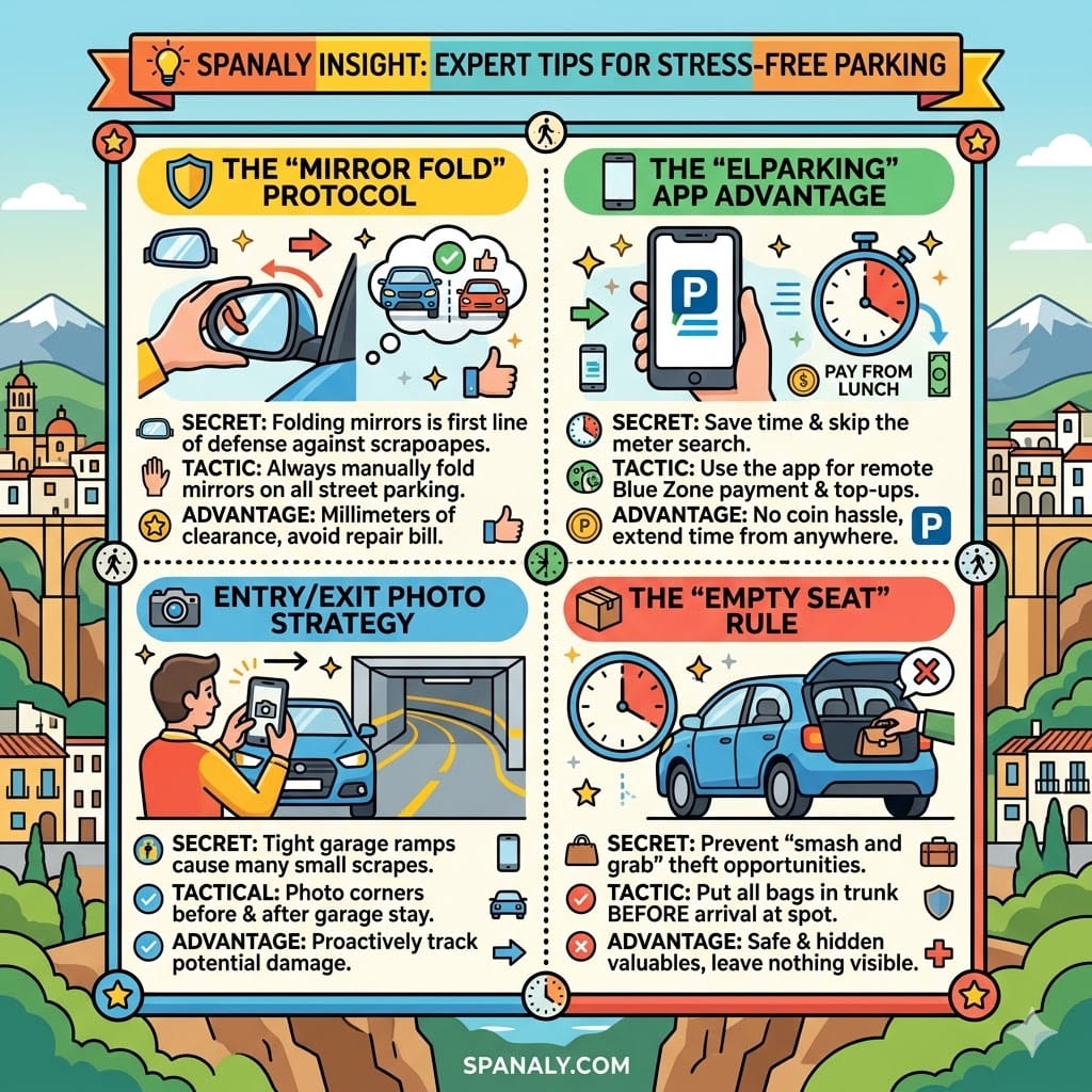 A colorful infographic in the Spanaly style detailing four expert tips for parking in Ronda: folding mirrors, using the ElParking app, taking entry/exit photos, and keeping car seats empty.