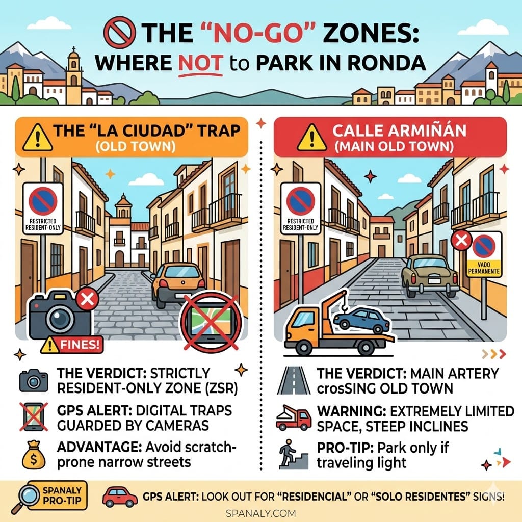 A colorful infographic warning drivers about restricted parking zones in Ronda including the Old Town resident areas and camera-enforced streets.