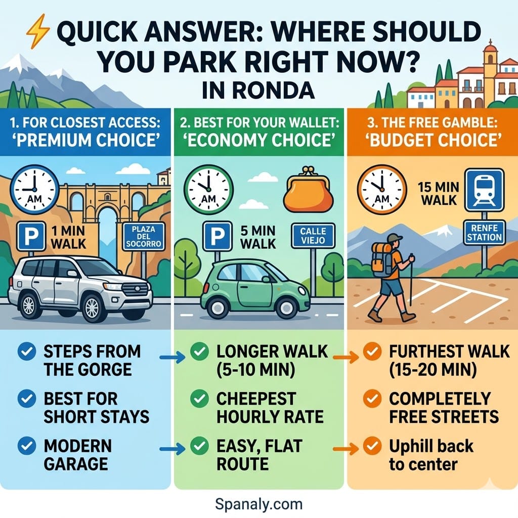 A colorful infographic comparing the best parking options in Ronda including Plaza del Socorro for proximity and Renfe station for free parking.