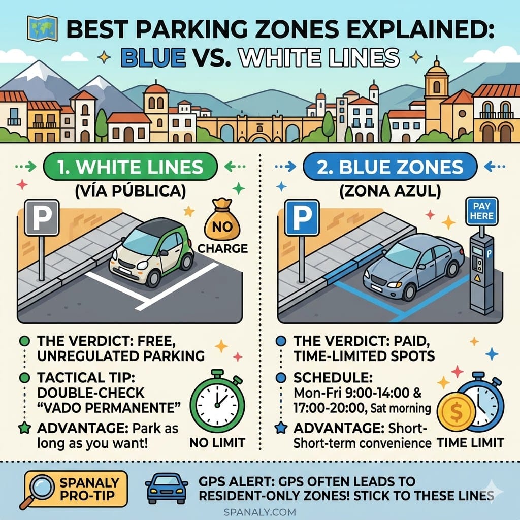 A colorful infographic explaining Ronda parking zones with a comparison between free white lines and paid blue zones for tourists.