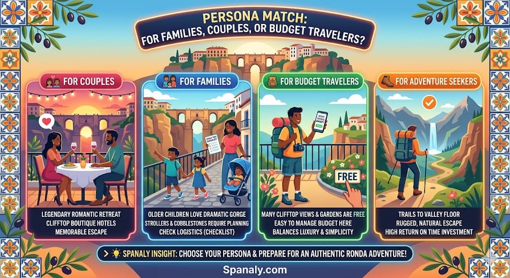 A detailed persona match infographic for Ronda, comparing travel experiences for couples, families with strollers, budget travelers, and adventure seekers.