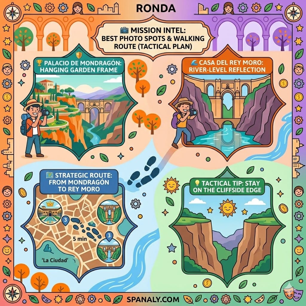 Tactical map infographic of Ronda showing the best photo spots at Palacio de Mondragón and Casa del Rey Moro, including a 5-minute walking route through the old town.