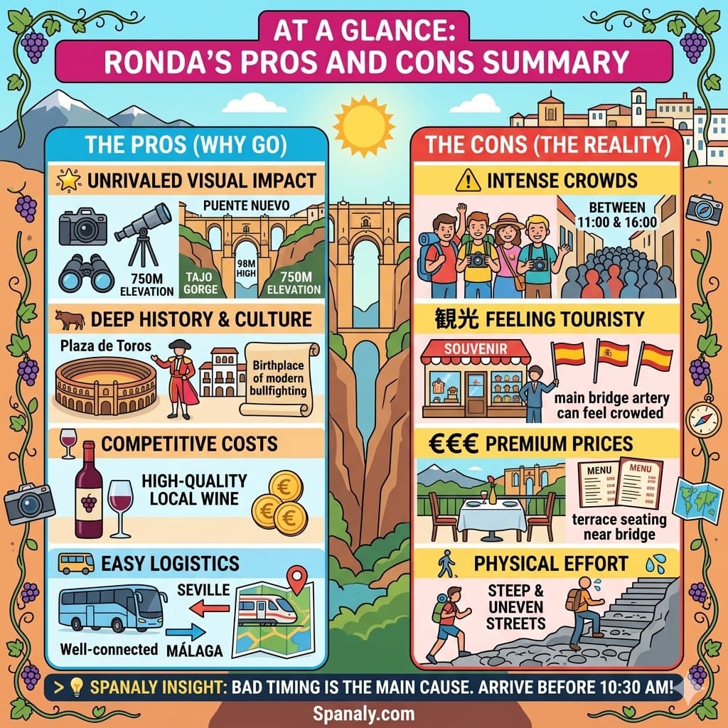A comprehensive comparison infographic of Ronda's travel pros and cons, detailing visual impact, deep history, local costs, and logistical challenges like steep streets and crowds.