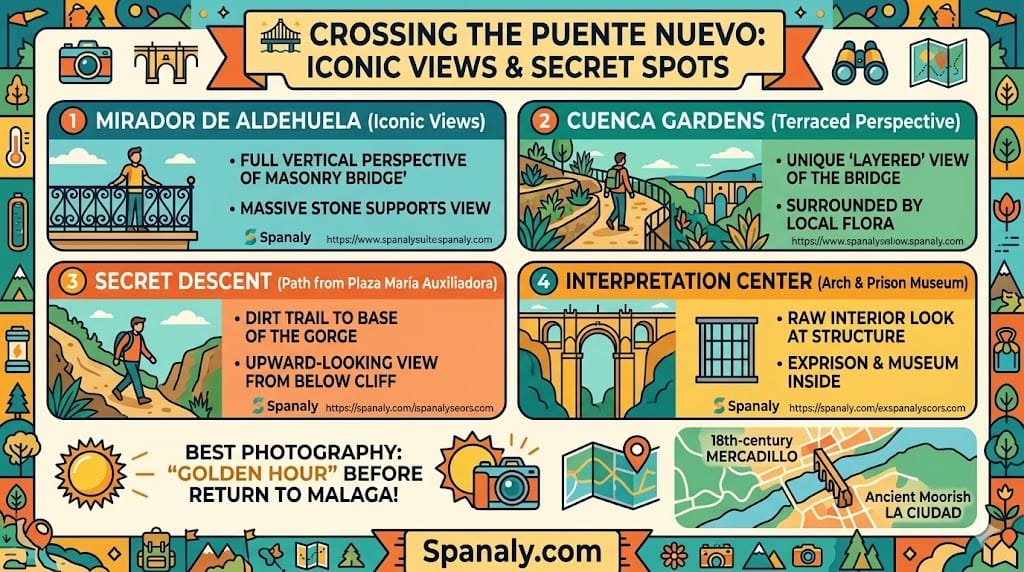 A colorful infographic showing the best viewpoints of the Puente Nuevo bridge in Ronda, including Mirador de Aldehuela, Cuenca Gardens, the secret gorge descent path, and the arch interpretation center.