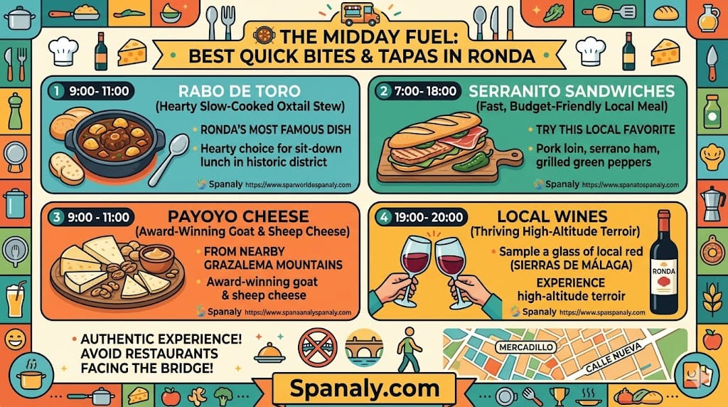 A colorful infographic guide to quick bites and tapas in Ronda, highlighting Rabo de Toro stew, Serranito sandwiches, Payoyo cheese, local wines, and advice on avoiding tourist traps near the bridge.