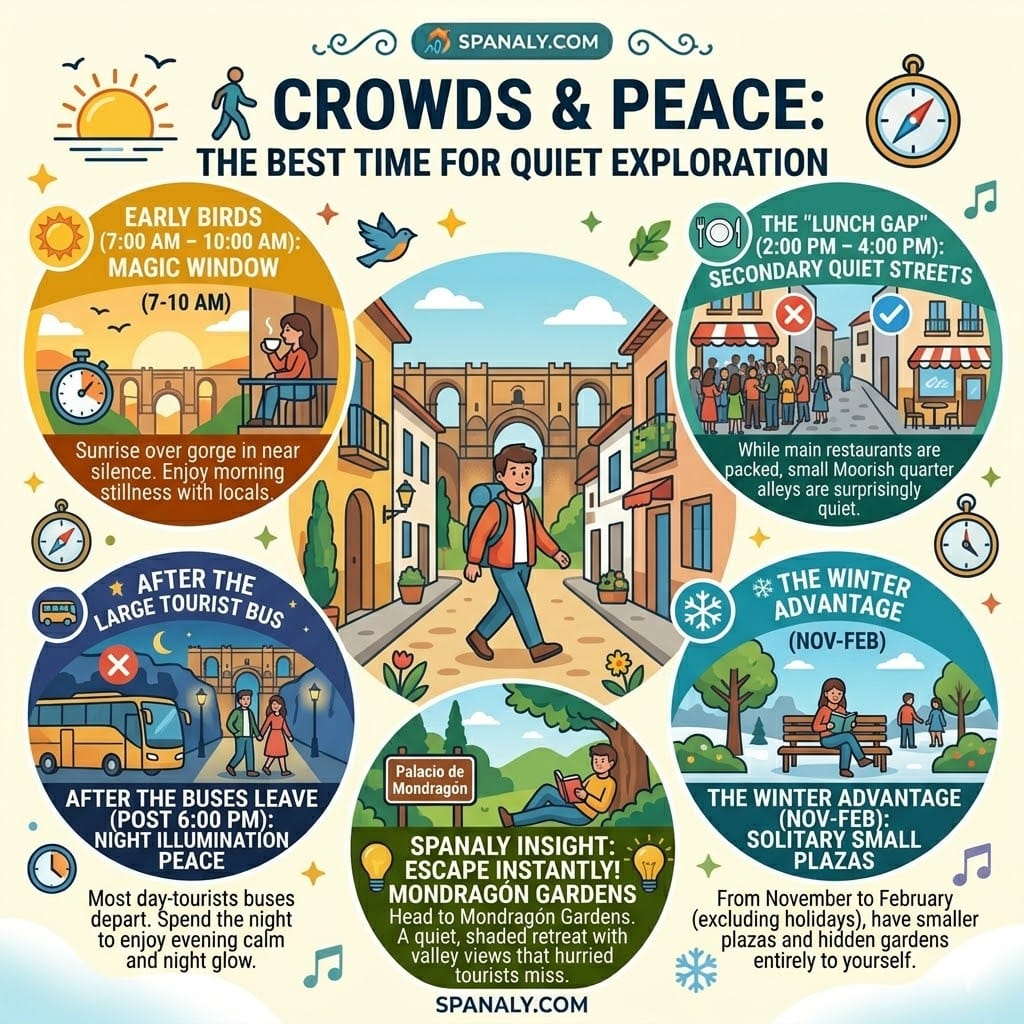 Detailed 1024x1024 infographic about escaping crowds in Ronda featuring the early bird magic window, the lunch gap strategy, and quiet winter advantages at Mondragon Gardens.