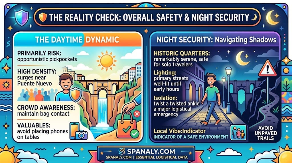 A detailed comparison infographic showing Ronda's daytime crowd safety near Puente Nuevo versus nighttime security protocols in the historic Moorish quarters.
