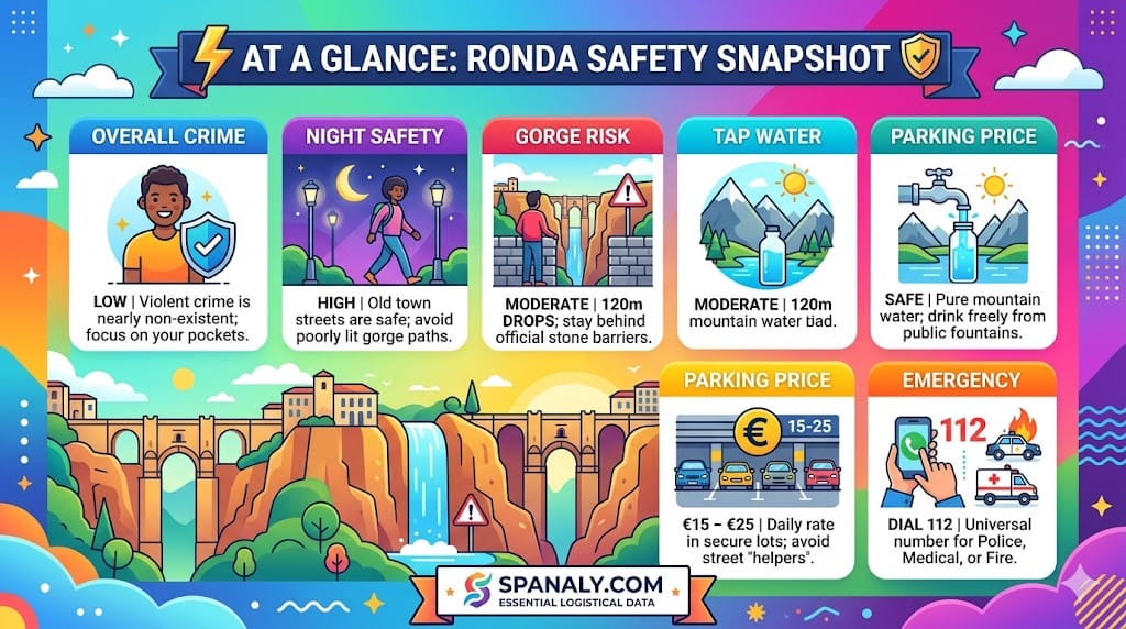 A comprehensive safety infographic for Ronda featuring logistical data on crime rates, night security, gorge risks, and emergency contacts.