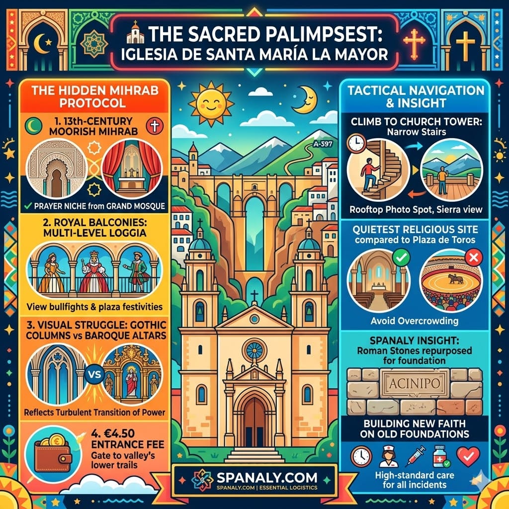 A detailed infographic titled 'THE SACRED PALIMPSEST' for Iglesia de Santa María la Mayor in Ronda, highlighting the hidden 13th-century Moorish Mihrab, the royal balconies for bullfight viewing, the rooftop tower views, and Roman altar stones in the foundation.
