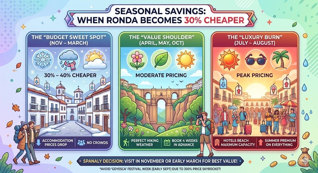 Infographic showing Ronda seasonal travel savings from November to March with 30% to 40% cheaper prices on accommodation and dining.