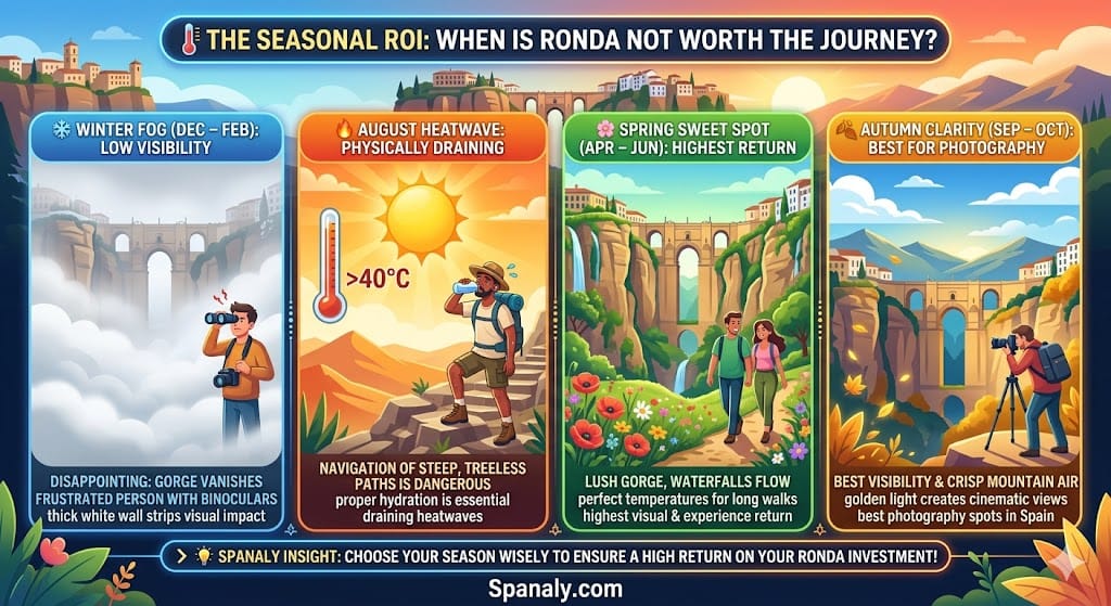 A seasonal travel ROI infographic for Ronda comparing winter fog visibility issues, extreme August heatwaves, and the high-return spring and autumn photography seasons.