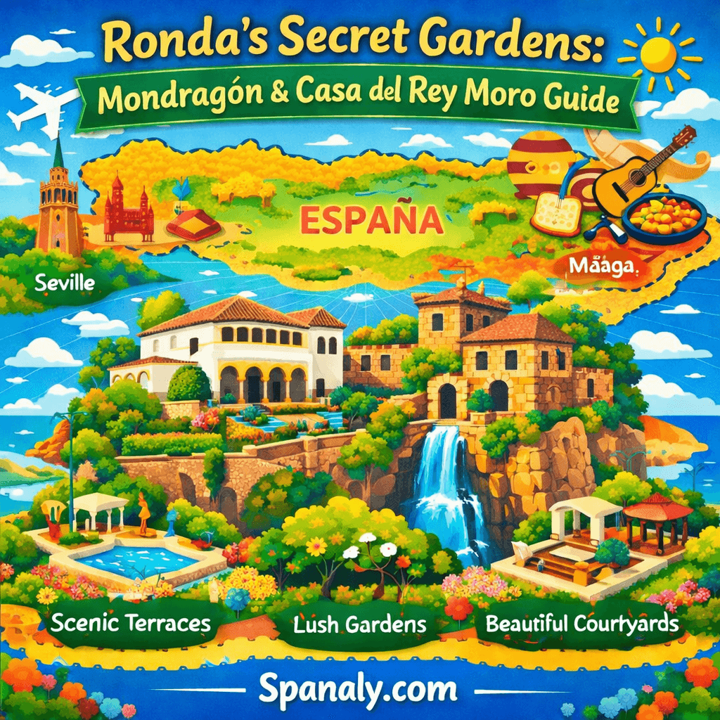 Epic infographic map of Ronda’s secret gardens featuring Palacio de Mondragón and Casa del Rey Moro with a tactical guide to Moorish architecture and the water mine.