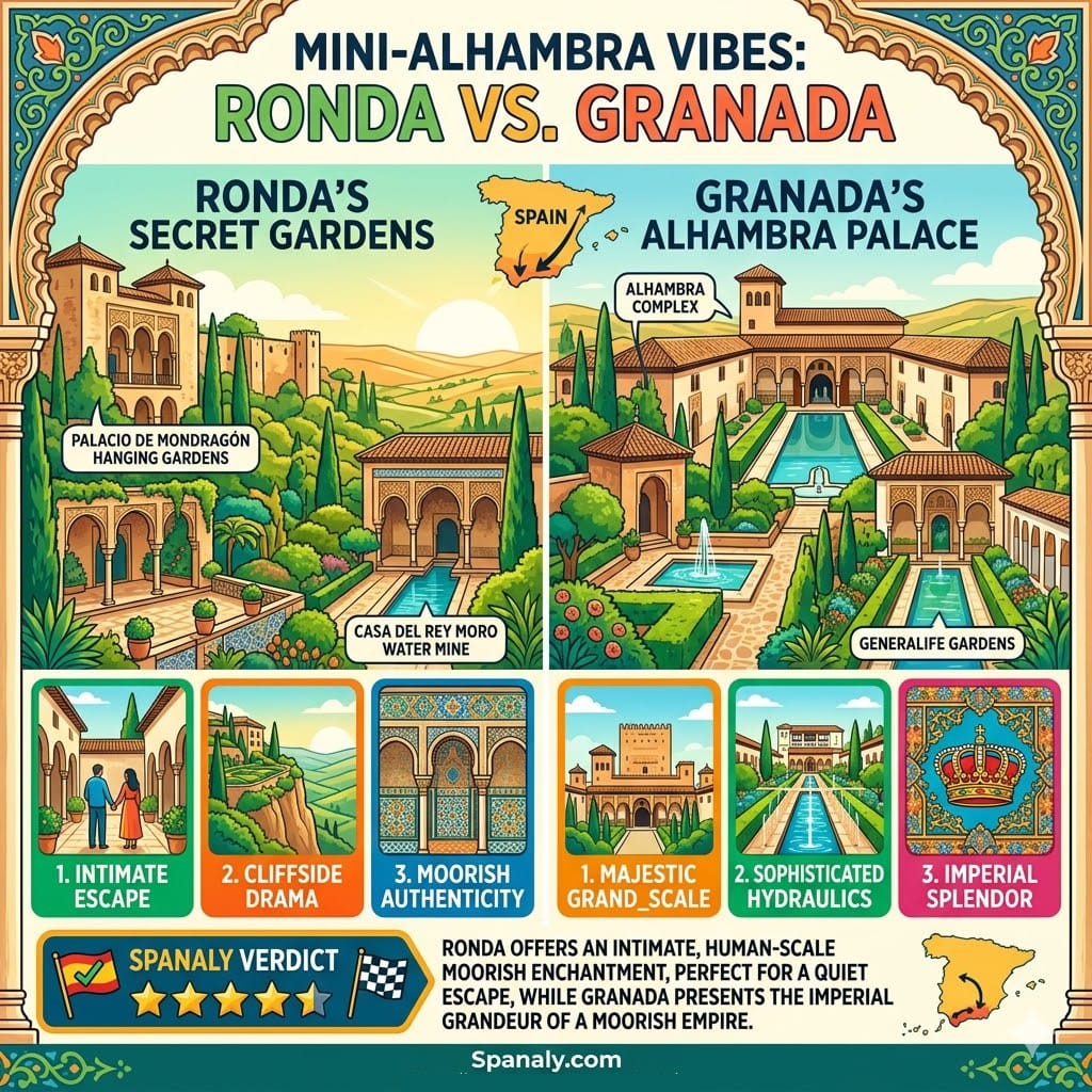 A detailed travel infographic comparing Ronda's secret gardens like Palacio de Mondragon with Granada's Alhambra Palace, highlighting Moorish architecture and cliffside views for an Andalusian road trip.