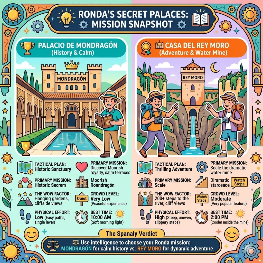 Tactical mission snapshot infographic comparing Palacio de Mondragón and Casa del Rey Moro in Ronda, featuring icons for history, physical effort, and best visiting times.