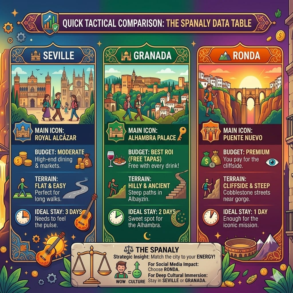 Tactical comparison infographic of Seville, Granada, and Ronda featuring icons for landmarks, budget ROI, terrain difficulty, and ideal length of stay.