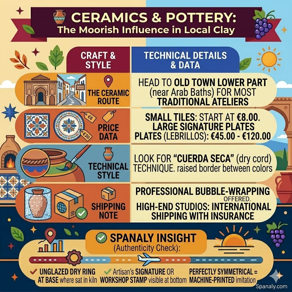 A colorful square infographic illustrating 'Ceramics & Pottery: The Moorish Influence in Local Clay' for a Ronda travel guide on Spanaly.com, featuring four vertical panels with icons and technical data for ceramic routes, price data, technical styles, and shipping notes, framed with Moorish patio and pottery elements.