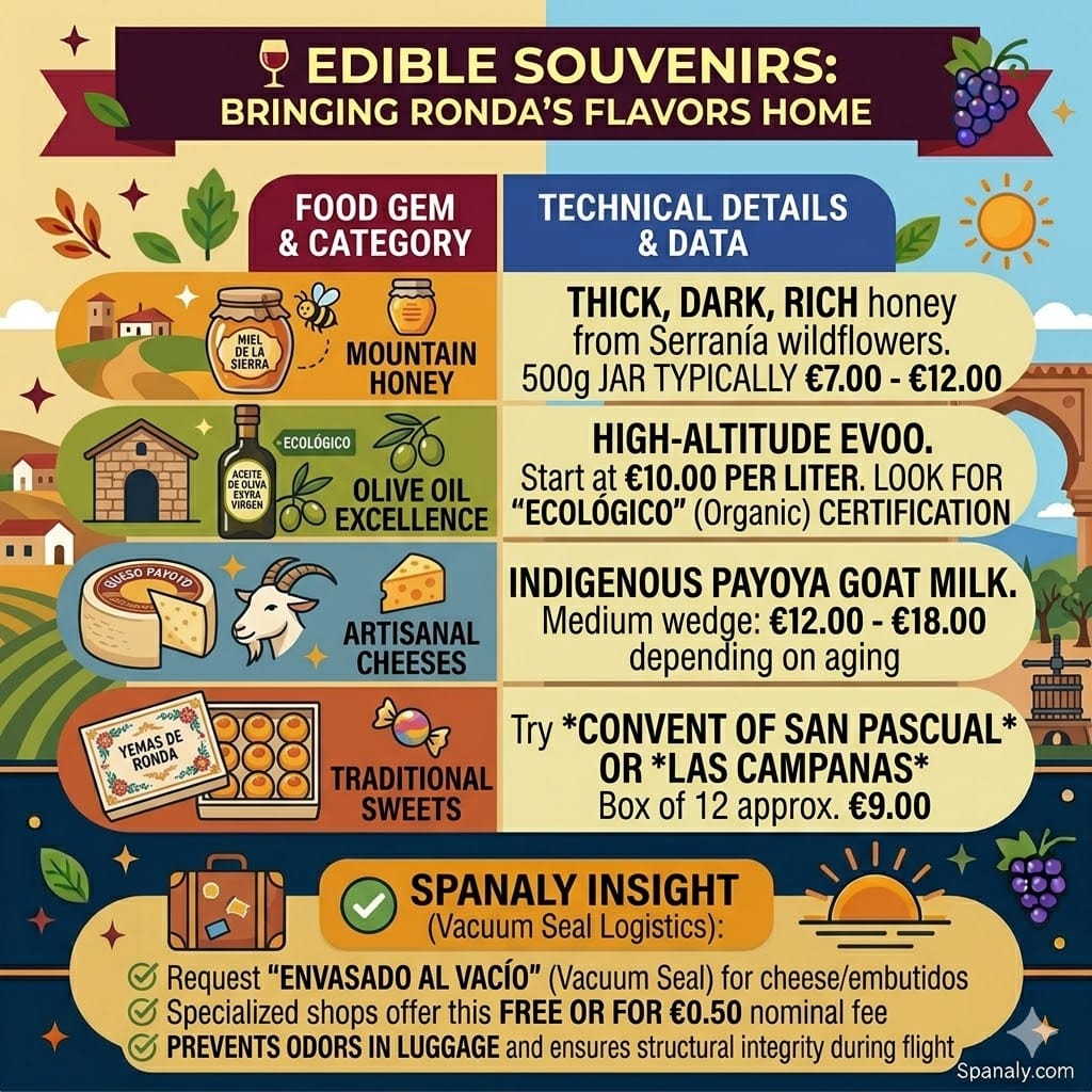 A colorful square infographic illustrating 'Edible Souvenirs: Bringing Ronda’s Flavors Home' for a Ronda travel guide on Spanaly.com, featuring four vertical panels with icons and technical data for mountain honey, olive oil, artisanal cheeses, and traditional sweets, framed with Andalusian countryside and Puente Nuevo elements.