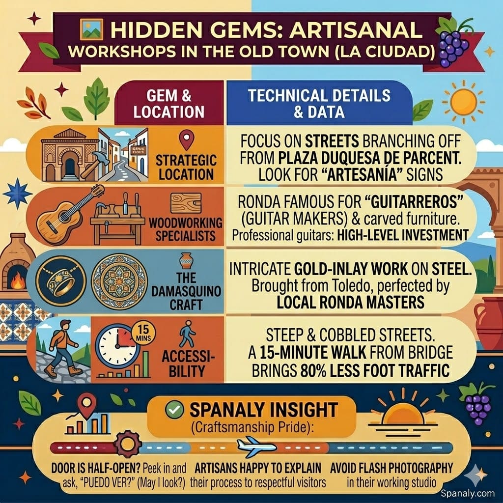 A colorful square infographic illustrating 'Hidden Gems: Artisanal Workshops in the Old Town (La Ciudad)' for a Ronda travel guide on Spanaly.com, featuring four vertical panels with icons and technical details for strategic locations, woodworking specialists, the damasquino craft, and accessibility, framed with Old Town workshop and city elements.