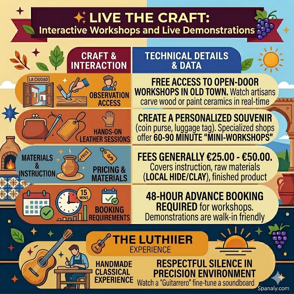 A colorful square infographic illustrating 'Live the Craft: Interactive Workshops and Live Demonstrations' for a Ronda travel guide on Spanaly.com, featuring five vertical panels with icons and technical data for observation access, hands-on leather sessions, pricing, booking, and the luthier experience, framed with Old Town workshop and city elements.