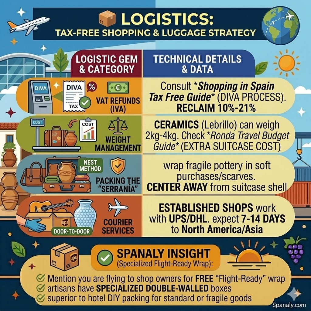 A colorful square infographic illustrating 'Logistics: Tax-Free Shopping & Luggage Strategy' for a Ronda travel guide on Spanaly.com, featuring four vertical panels with icons and technical data for VAT refunds (IVA), weight management, packing ceramics, and courier services, framed with stylized transport and travel elements.