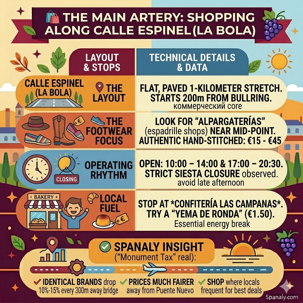 A colorful square infographic illustrating 'The Main Artery: Shopping Along Calle Espinel (La Bola)' for a Ronda travel guide on Spanaly.com, featuring four vertical panels with icons and technical details for layout, footwear, operating hours, and local food, framed with city and wine elements.