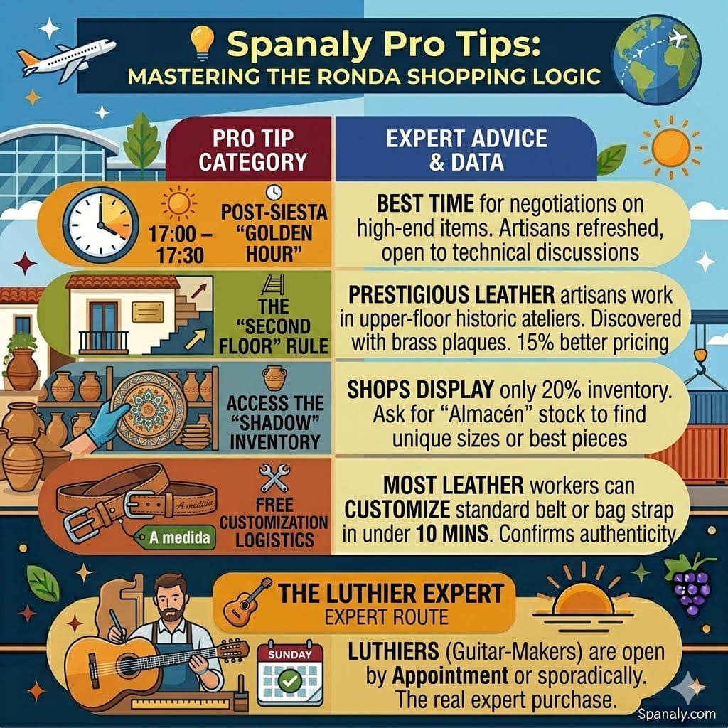 A colorful square infographic illustrating 'Spanaly Pro Tips: Mastering the Ronda Shopping Logic' for a Ronda travel guide on Spanaly.com, featuring five vertical panels with icons and technical data for hidden upper-floor rule, post-siesta golden hour, warehouse stock, free customization, and luthier expert route, framed with stylized Ronda cityscape and workshop elements.