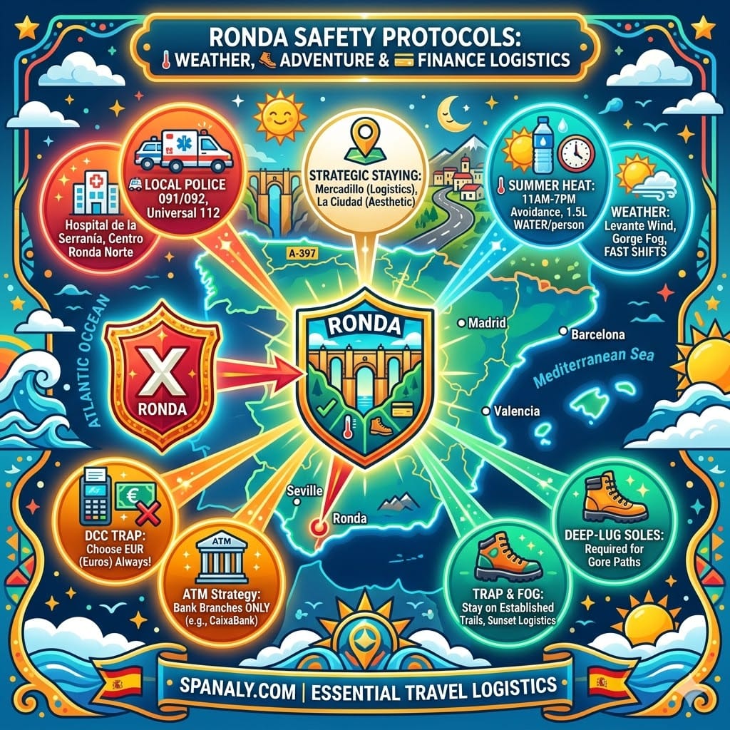 An epic, colorful infographic map of Spain, highlighting Ronda with a large shield, surrounding key travel protocols for emergency services, extreme weather (heat/wind), gorge hiking safety, dynamic currency conversion traps, and strategic neighborhood selection.
