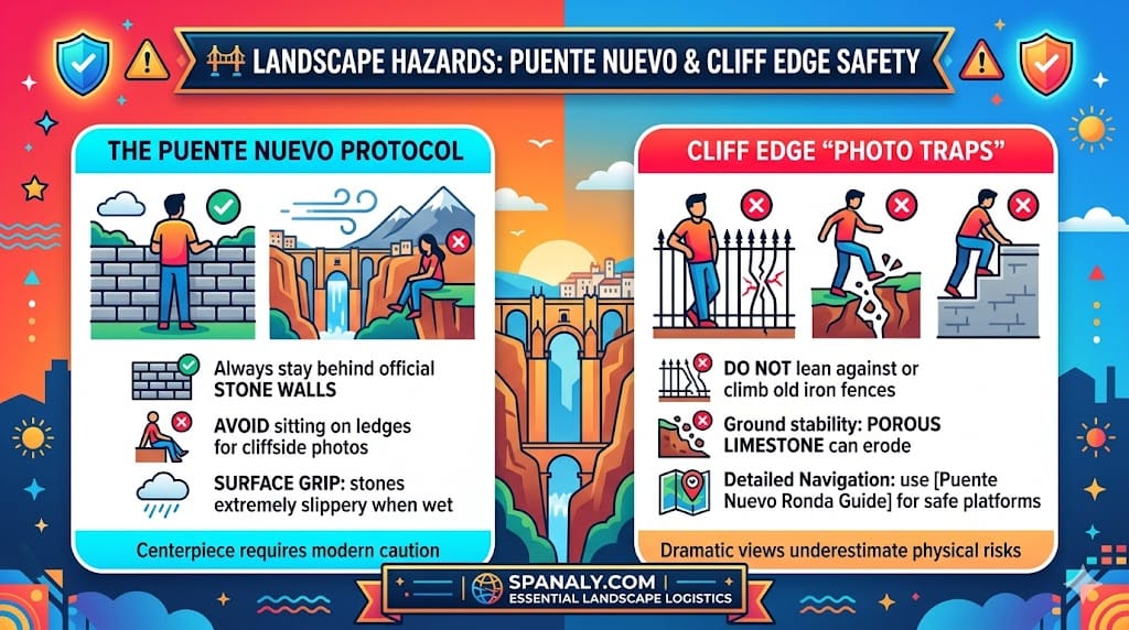 A detailed safety infographic for Ronda, Spain, contrasting safe behavior at Puente Nuevo (staying behind walls, check grip) with risky 'photo trap' behaviors like leaning on old fences and standing on unstable porous limestone cliff edges.