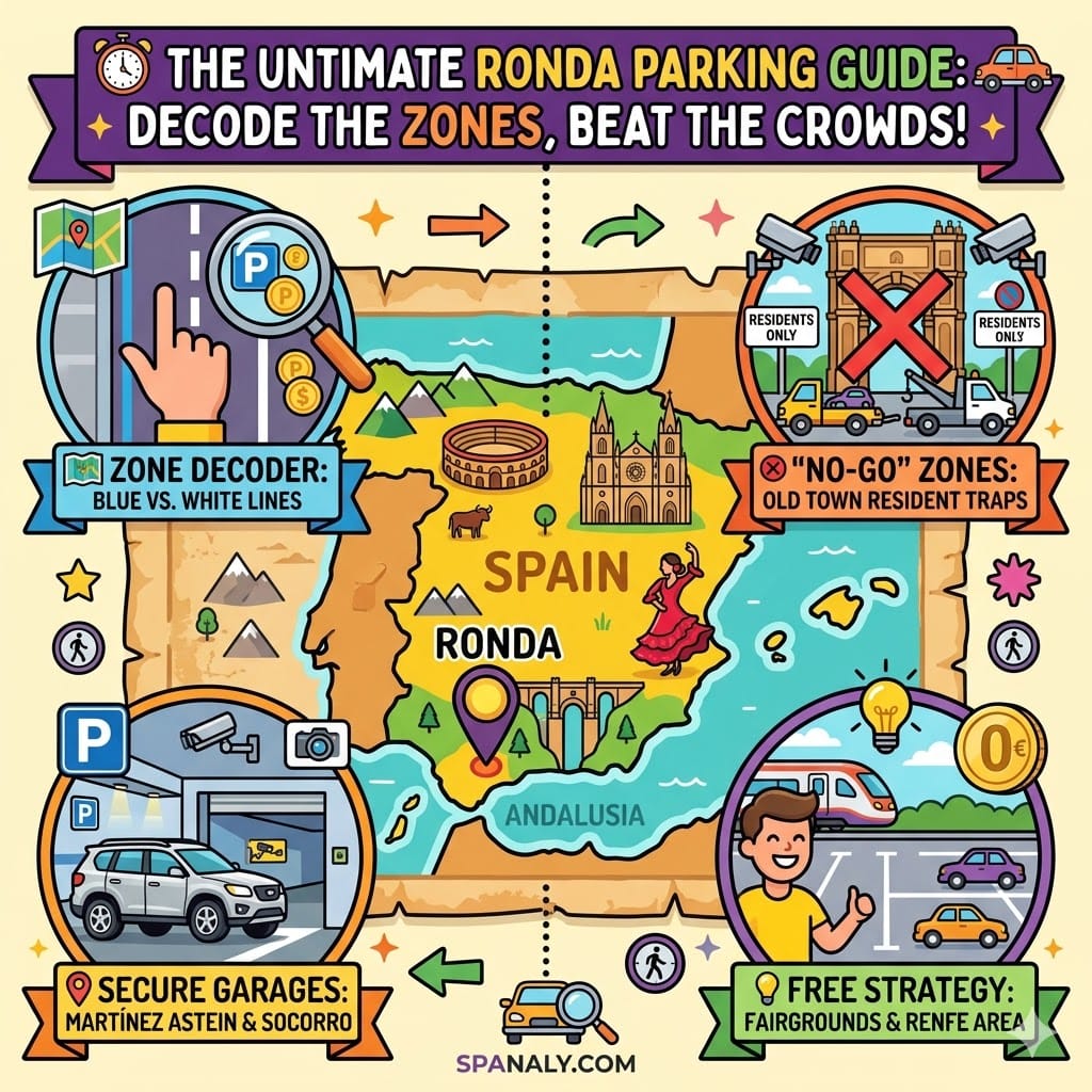 An epic infographic map of Spain highlighting Ronda, surrounded by vibrant icons illustrating how to decode parking zones, avoid resident traps, and find secure or free parking spots.