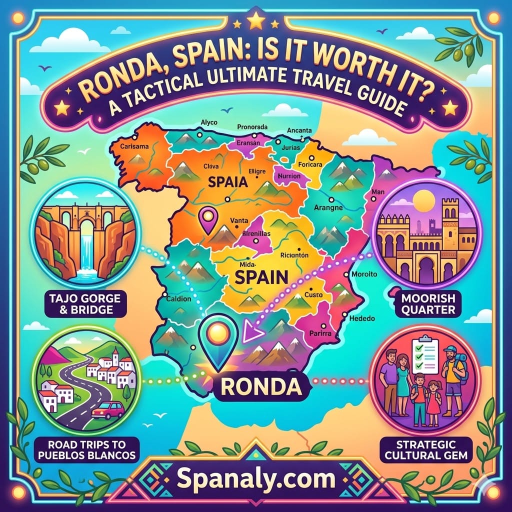 An epic infographic map of Spain featuring a prominent marker for Ronda, showcasing key attractions like the Tajo Gorge, Moorish Quarter, and White Villages road trips to determine if the city is worth visiting.