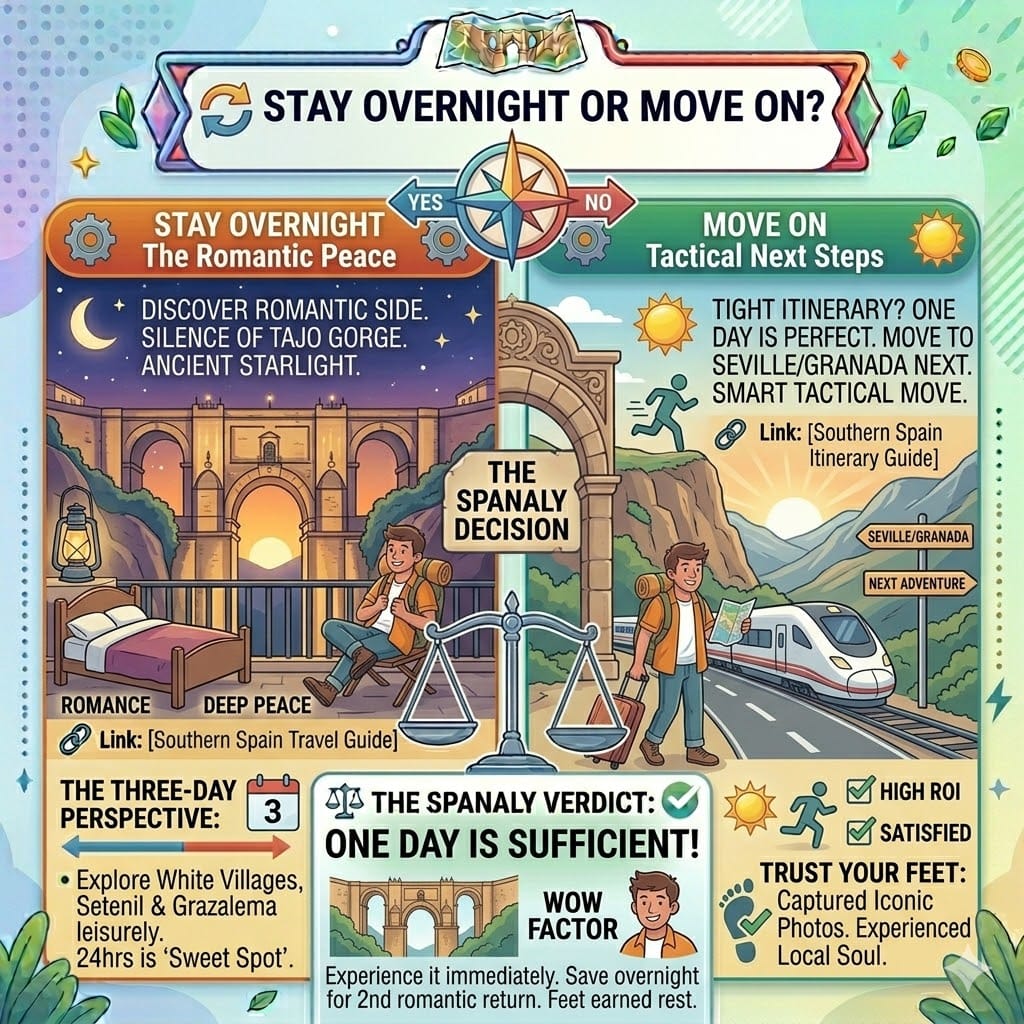 Tactical decision infographic comparing a one-day trip to staying overnight in Ronda, featuring itinerary ROI, next destination steps, and romantic evening benefits.