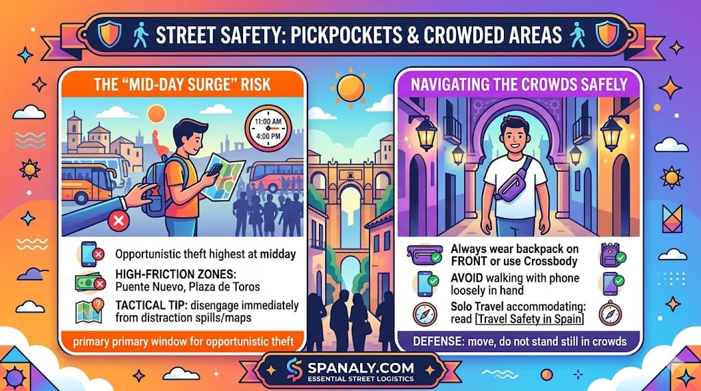 A tactical infographic contrasting Ronda's mid-day pickpocket risks near Puente Nuevo with safe crowd navigation protocols in the Moorish old town.