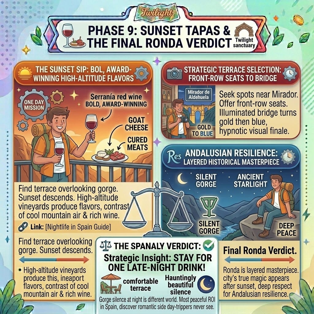 Tactical sunset infographic for Ronda featuring Serranía wine tasting, the best bridge view terraces, and the final 24-hour travel verdict.