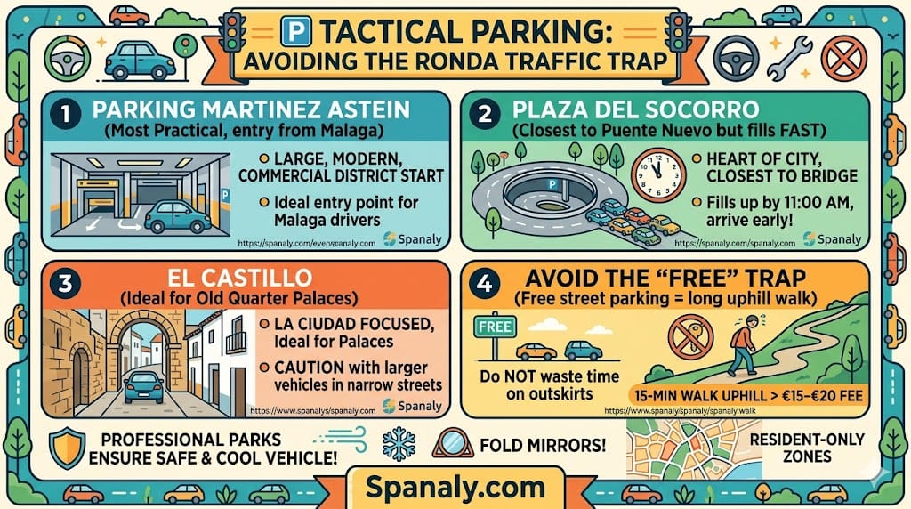 A colorful infographic guide to tactical parking in Ronda, highlighting three professional car parks (Martinez Astein, Plaza del Socorro, El Castillo) and emphasizing the avoidance of free parking on the outskirts due to long uphill walks.