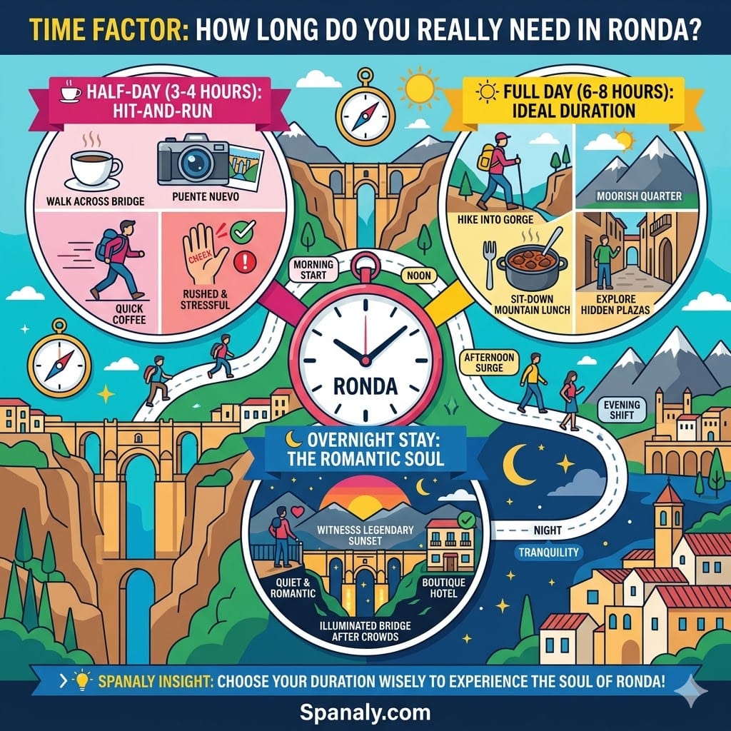 A vibrant square infographic comparing the time factor for a Ronda visit, with circular panels for half-day, full-day, and overnight stay. It details specific activities, stress levels, and iconic experiences like a Tajo Gorge hike or illuminated bridge, against a Spain map and mountain background.