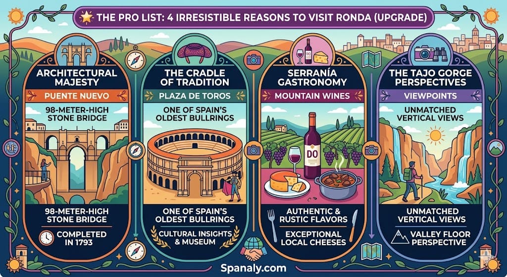 A colorful square infographic detailing four irresistible reasons to visit Ronda, Spain, with detailed panels for architectural majesty of Puente Nuevo, cradle of bullfighting at Plaza de Toros, local Serranía gastronomy, and Tajo gorge viewpoints.