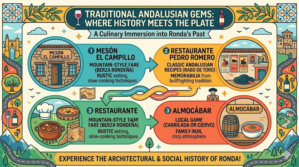 A colorful infographic comparing Ronda's traditional Andalusian restaurants, featuring rustic mesones like Mesón El Campillo for mountain fare, Pedro Romero near the bullring for classic Rabo de Toro oxtail oxtail stew, oxtail oxtail stew, and Almocábar in Barrio San Francisco for local game.