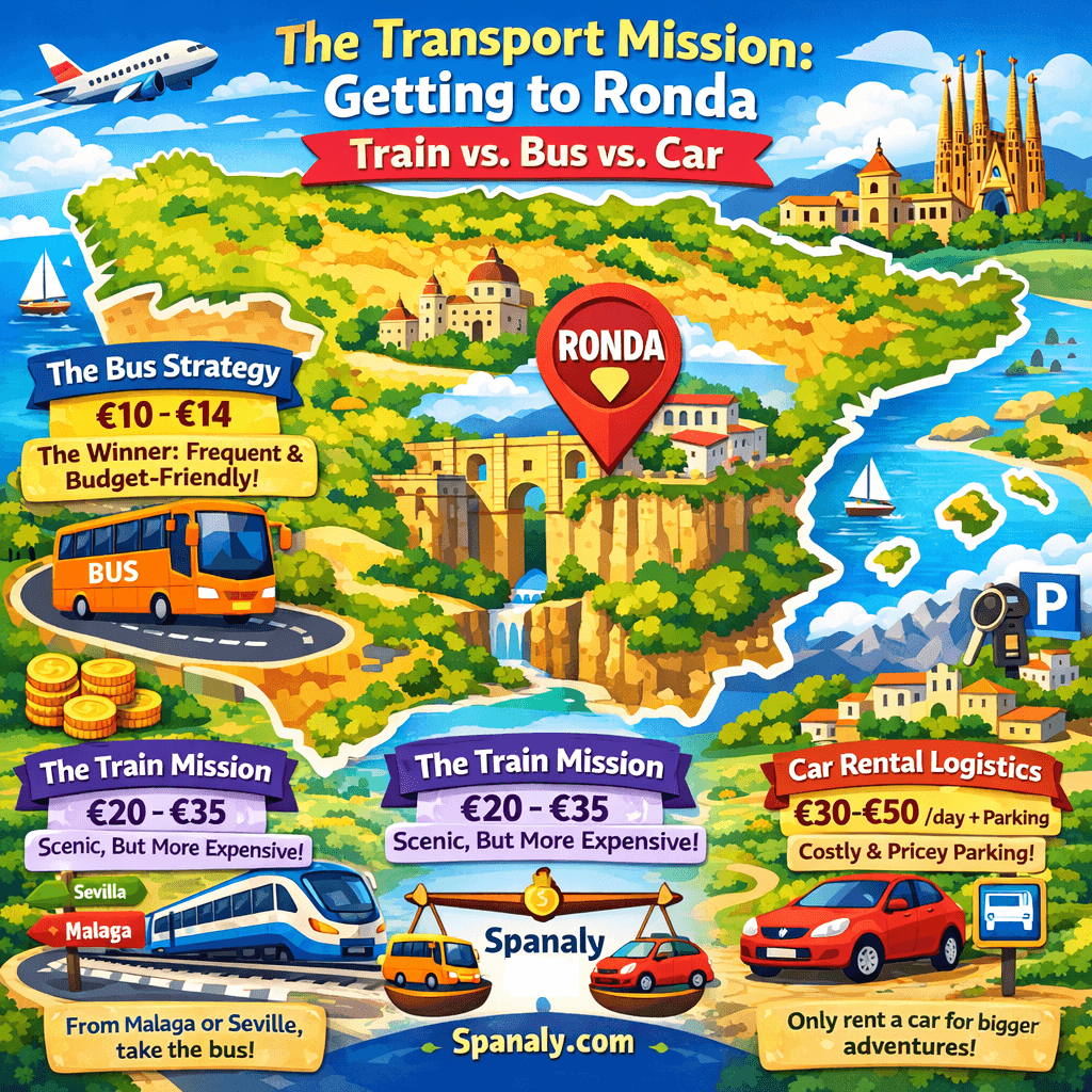 Colorful infographic map of Ronda showing transport options by bus, train, and car with price comparison on a map of Spain for travelers planning how to reach Ronda